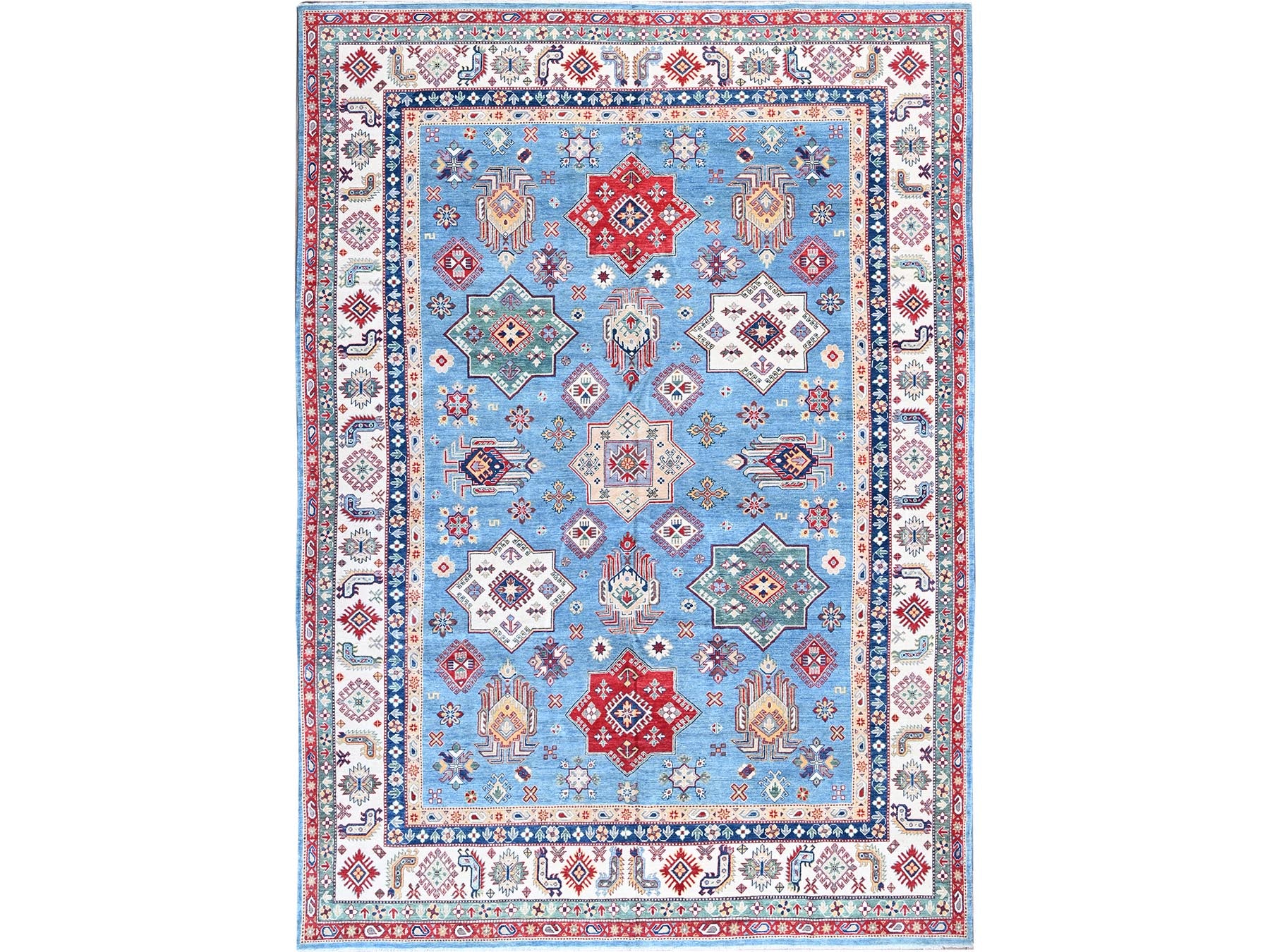 Kazak Kazak hand-knotted wool rug in Blue & Ivory, 9'9" x 14' — SKU O0528