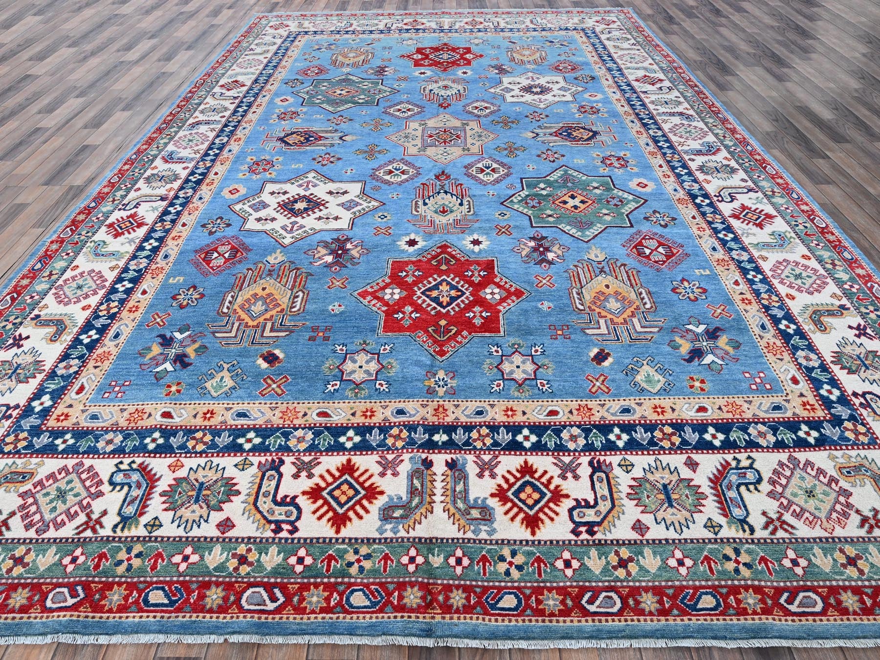 Kazak Kazak hand-knotted wool rug in Blue & Ivory, 9'9" x 14' — SKU O0528 (view 2)