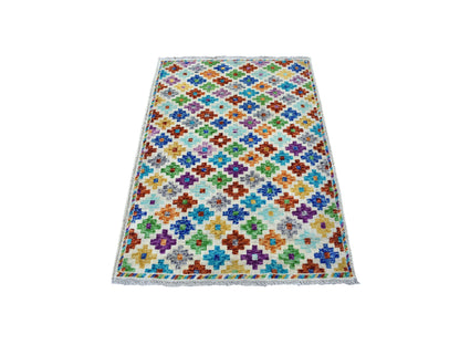 Ivory 3'6" x 4'10" Tribal Hand knotted Wool Rug - Sku: O053176