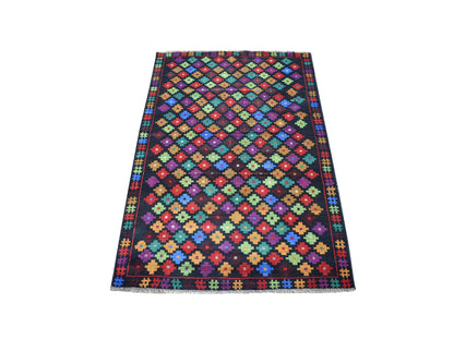 Black 3'5" x 5'0" Tribal & Geometric Hand knotted Wool Rug - Sku: O053291