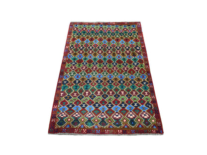 Red 3'3" x 5'0" Tribal Hand knotted Wool Rug - Sku: O053292