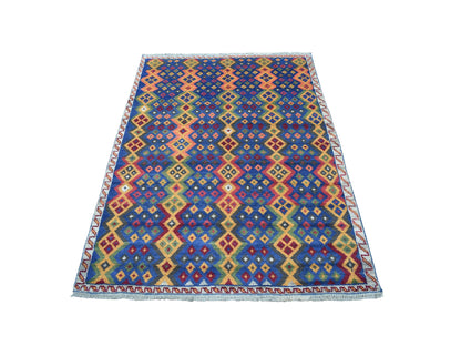 Blue 4'1" x 5'8" Tribal & Geometric Hand knotted Wool Rug - Sku: O053316