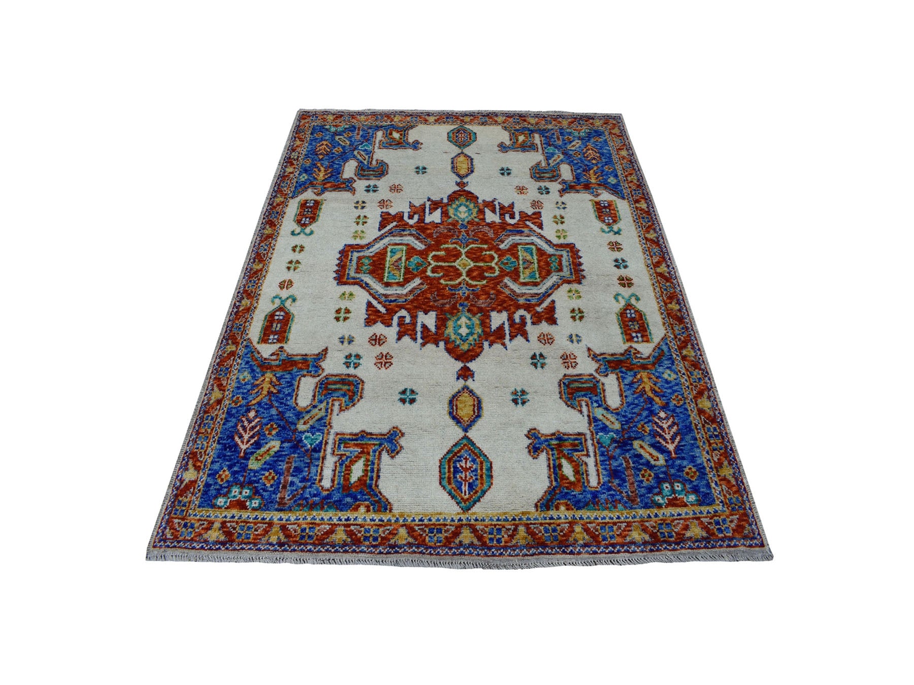Baluch Tribal & Geometric hand-knotted wool rug in Ivory & Red, 5' x 6'7" — SKU O053337