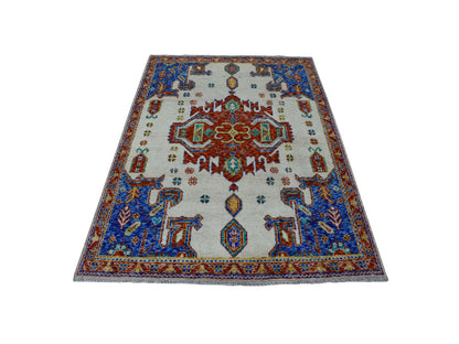 Ivory 5'0" x 6'7" Tribal Hand knotted Wool Rug - Sku: O053337
