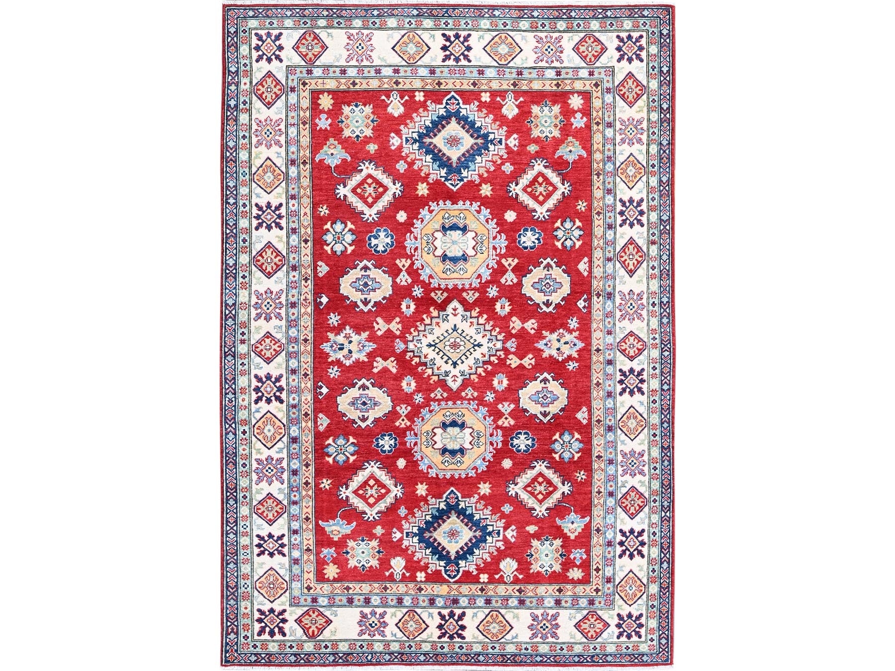 Kazak Kazak hand-knotted wool rug in Red & Ivory, 5'10" x 8'8" — SKU O0534