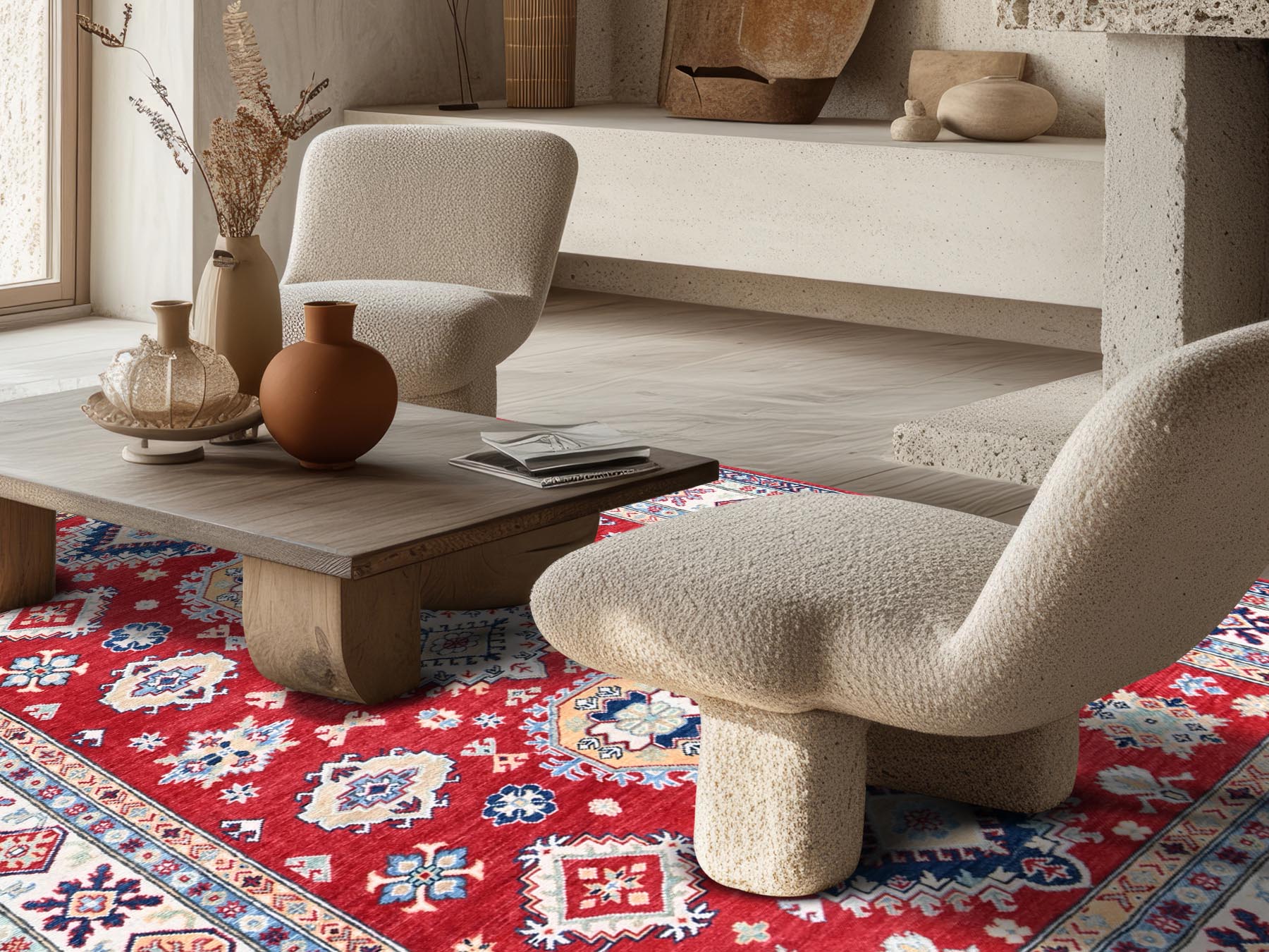 Kazak Kazak hand-knotted wool rug in Red & Ivory, 5'10" x 8'8" — SKU O0534 (view 2)