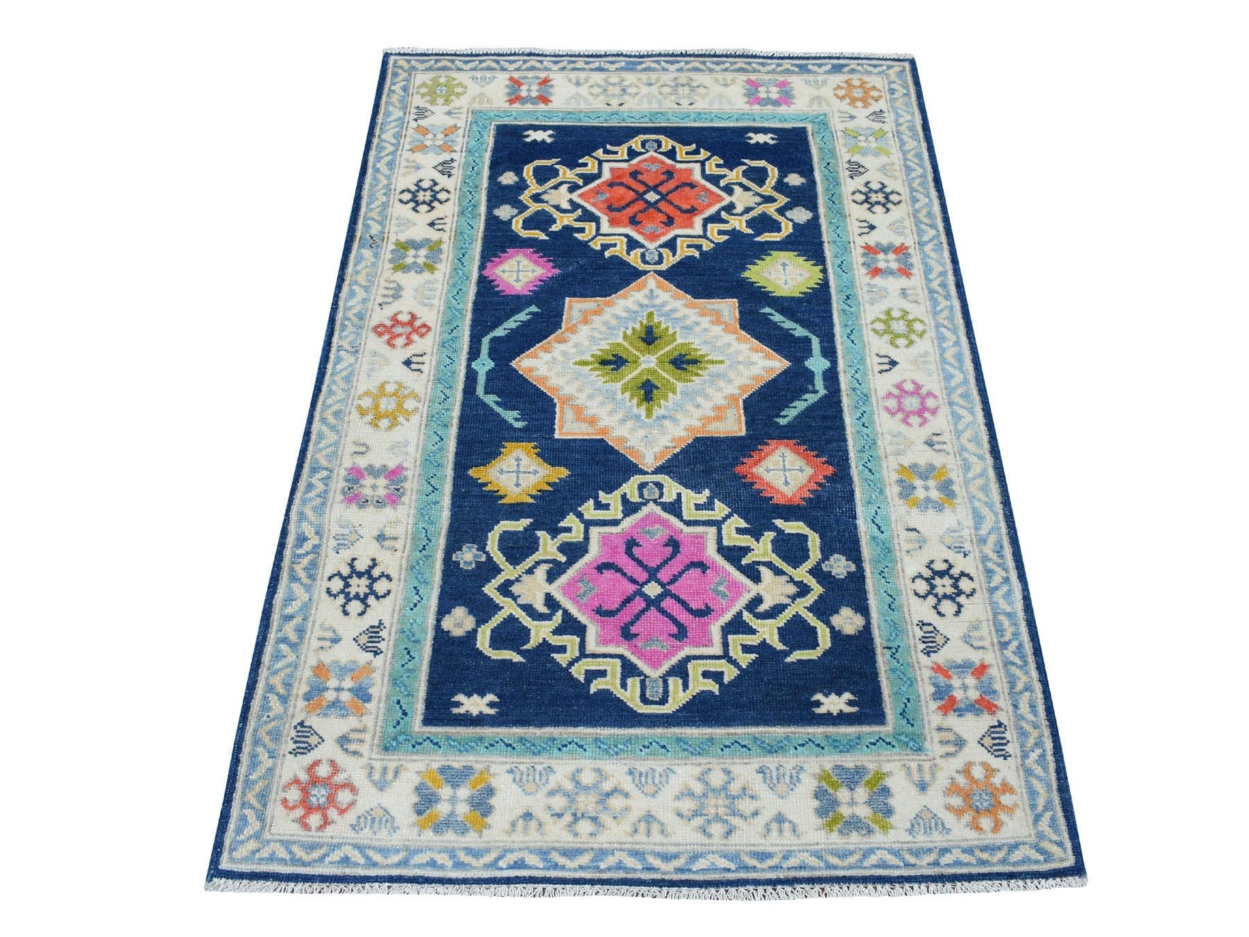 Kazak Kazak hand-knotted wool rug in Blue & Ivory, 3'1" x 5' — SKU O053539