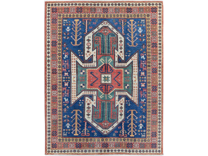 Blue 5'2" x 6'11" Kazak Hand knotted Wool Rug - Sku: O0537