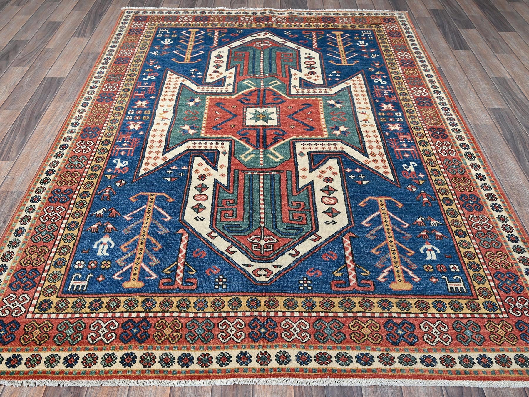 Blue 5'2" x 6'11" Kazak Hand knotted Wool Rug - Sku: O0537
