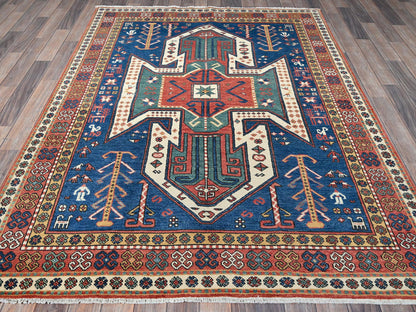 Blue 5'2" x 6'11" Kazak Hand knotted Wool Rug - Sku: O0537
