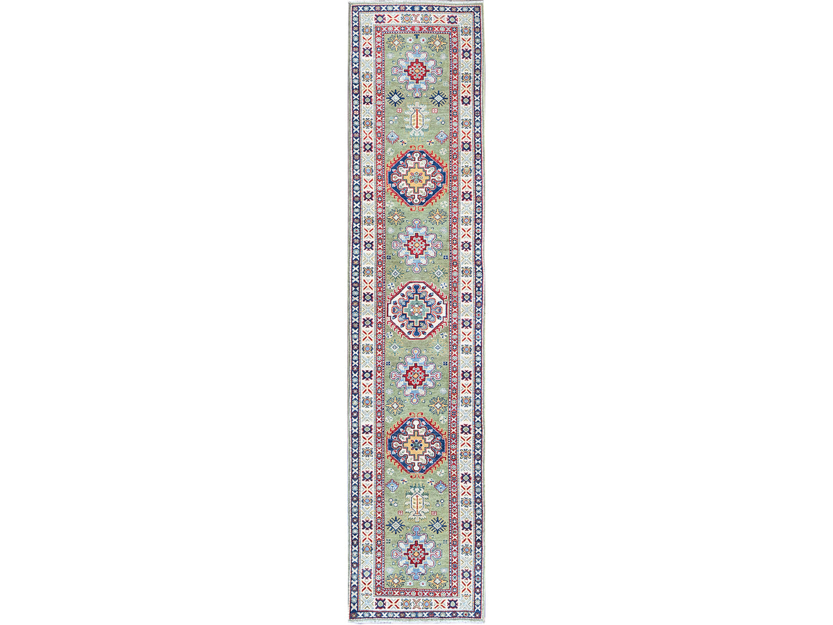 Kazak Kazak hand-knotted wool runner in Green & Ivory, 2'9" x 12'9" — SKU O0541