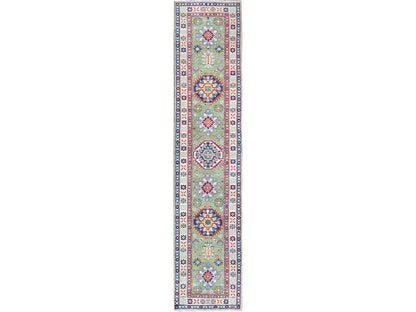 Kazak Kazak hand-knotted wool runner in Green & Ivory, 2'9" x 12'9" — SKU O0541