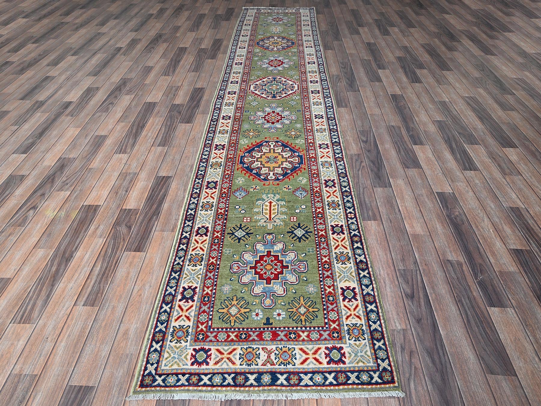 Kazak Kazak hand-knotted wool runner in Green & Ivory, 2'9" x 12'9" — SKU O0541 (view 2)