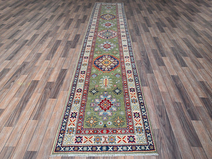 Kazak Kazak hand-knotted wool runner in Green & Ivory, 2'9" x 12'9" — SKU O0541 (view 2)