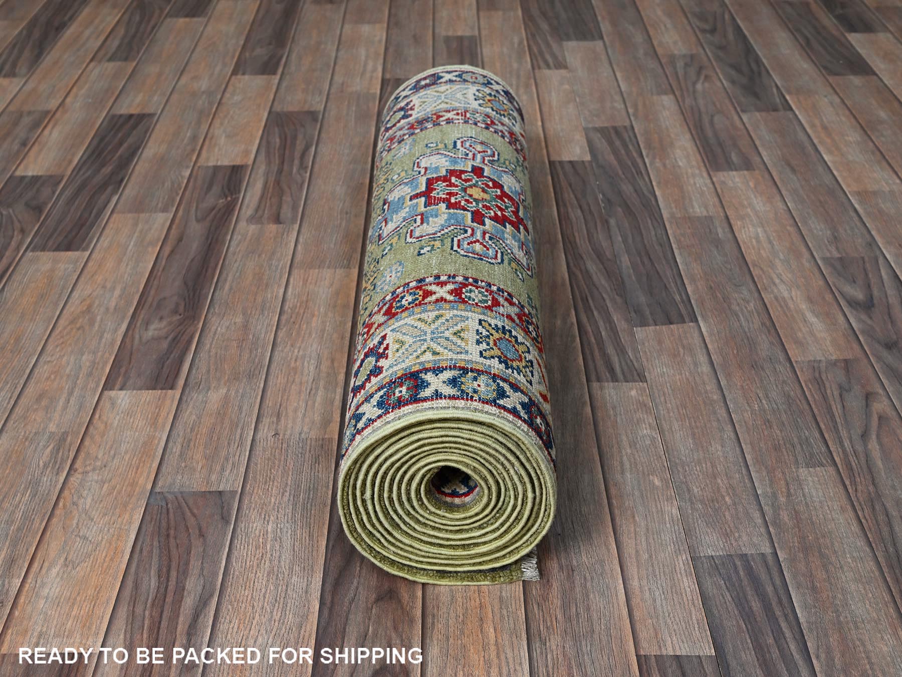 Kazak Kazak hand-knotted wool runner in Green & Ivory, 2'9" x 12'9" — SKU O0541 (view 5)