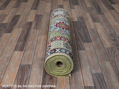 Kazak Kazak hand-knotted wool runner in Green & Ivory, 2'9" x 12'9" — SKU O0541 (view 5)