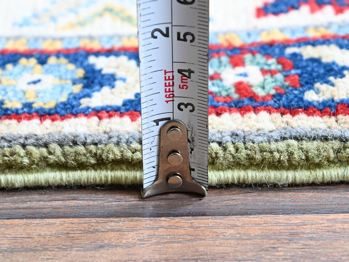 Kazak Kazak hand-knotted wool runner in Green & Ivory, 2'9" x 12'9" — SKU O0541 (view 6)
