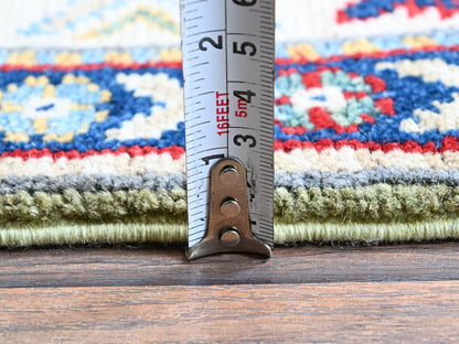 Kazak Kazak hand-knotted wool runner in Green & Ivory, 2'9" x 12'9" — SKU O0541 (view 6)