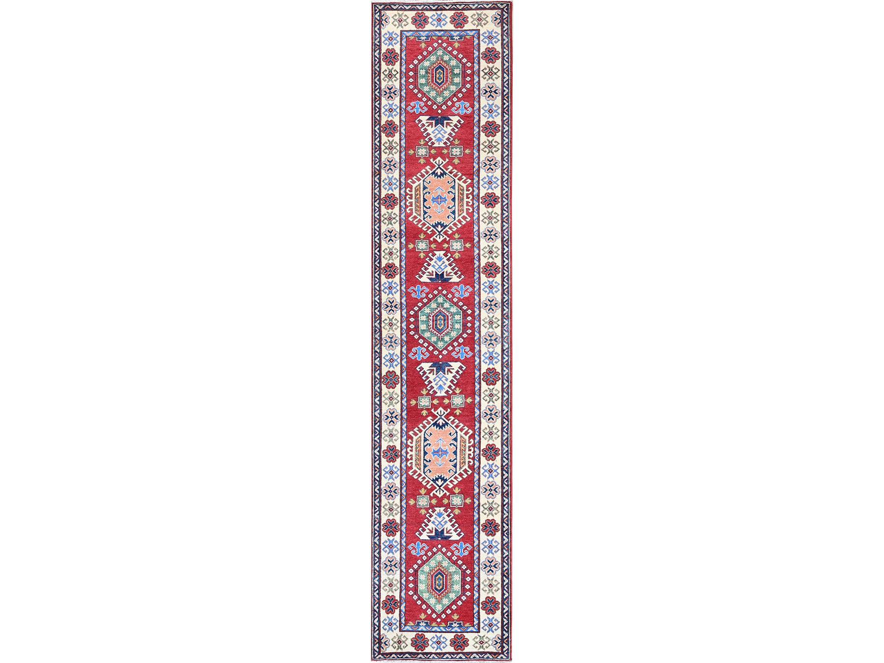 Kazak Kazak hand-knotted wool runner in Red & Ivory, 2'9" x 13'1" — SKU O0542