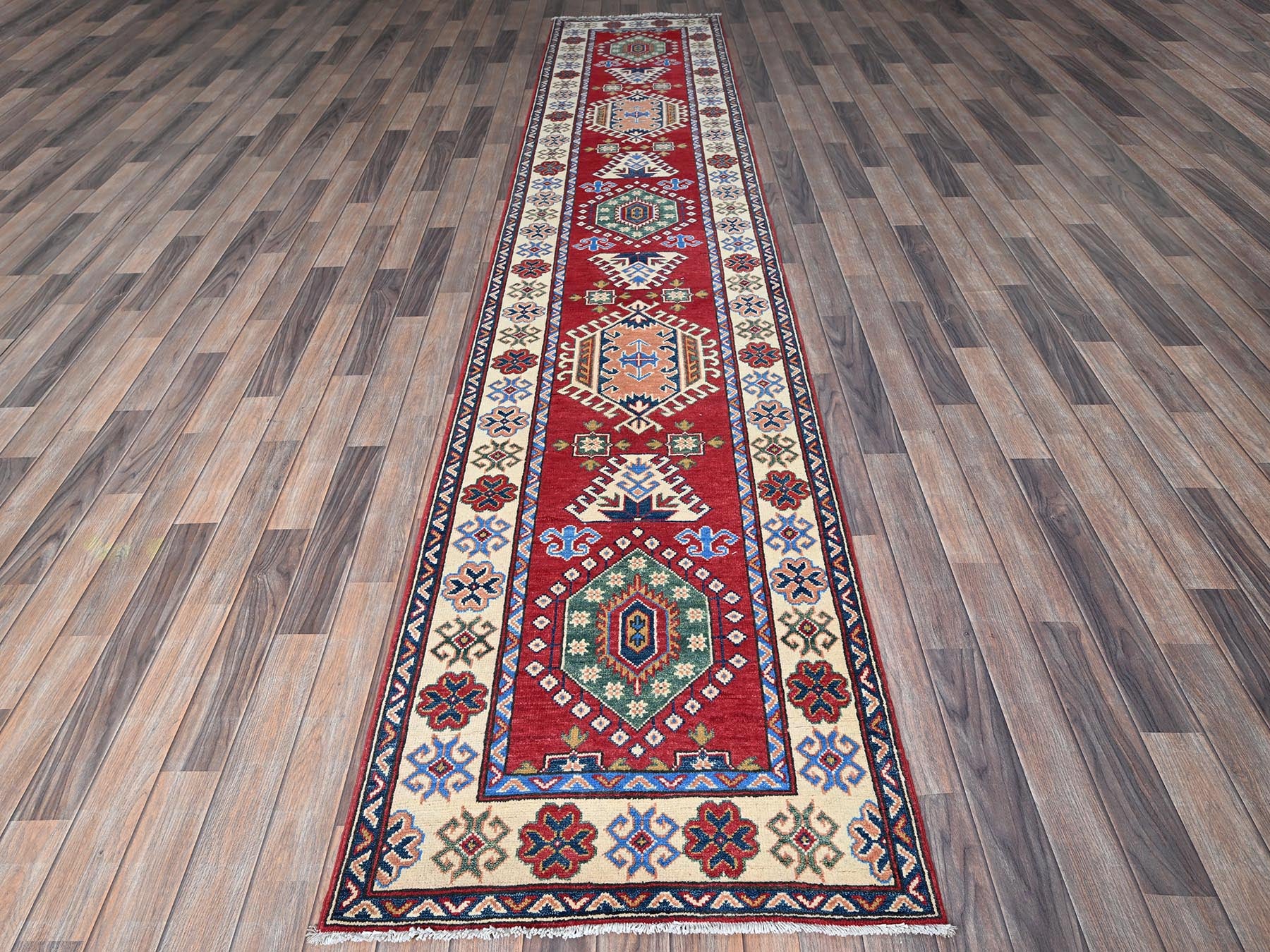Kazak Kazak hand-knotted wool runner in Red & Ivory, 2'9" x 13'1" — SKU O0542 (view 2)