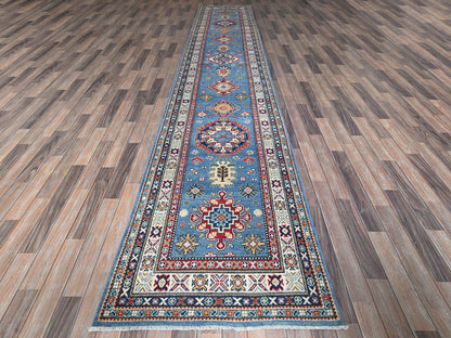 Blue 3'2" x 16'1" Kazak Hand knotted Wool Rug - Sku: O0545