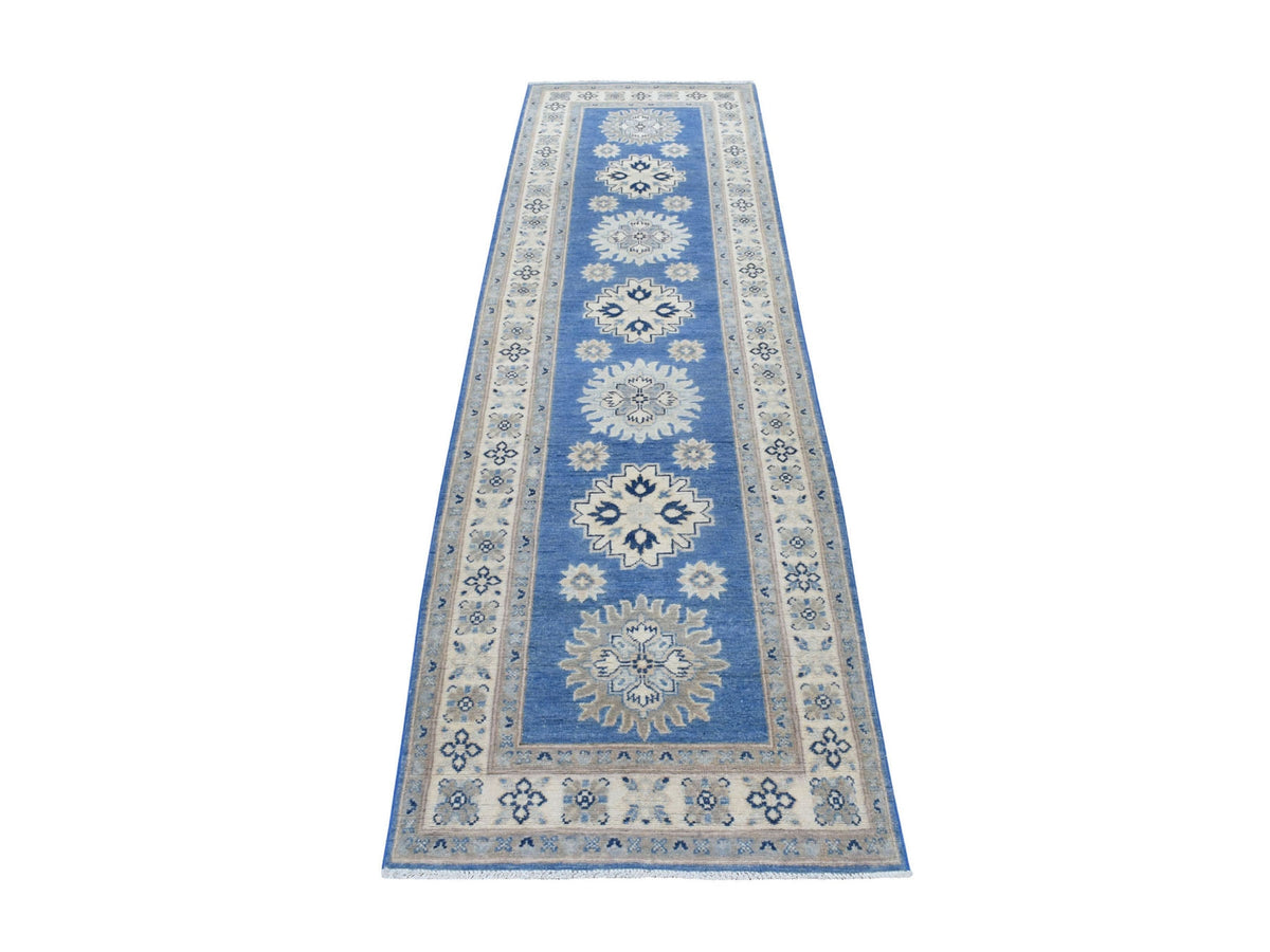 Kazak Kazak hand-knotted wool runner in Blue & Ivory, 2'6" x 9'7" — SKU O054621
