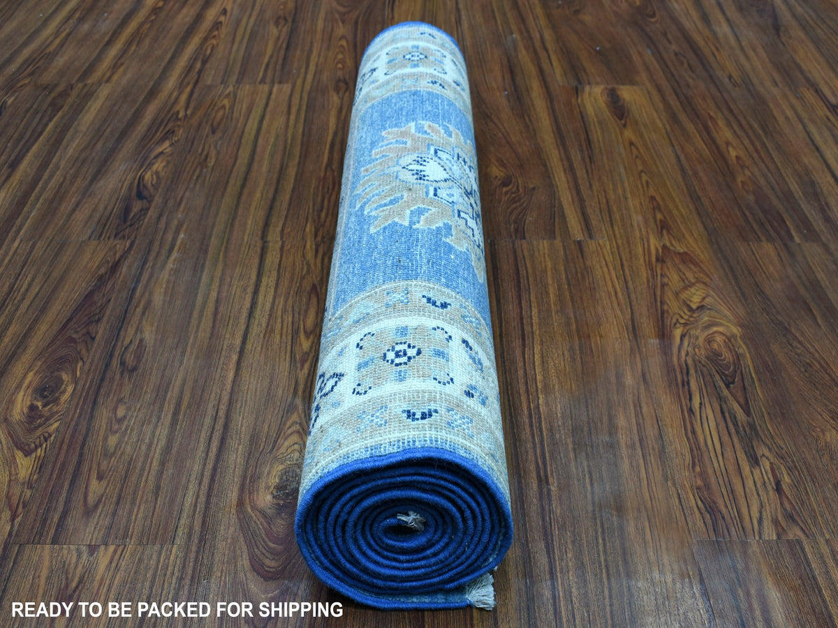 Kazak Kazak hand-knotted wool runner in Blue & Ivory, 2'6" x 9'7" — SKU O054621 (view 4)