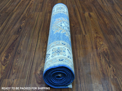 Kazak Kazak hand-knotted wool runner in Blue & Ivory, 2'6" x 9'7" — SKU O054621 (view 4)
