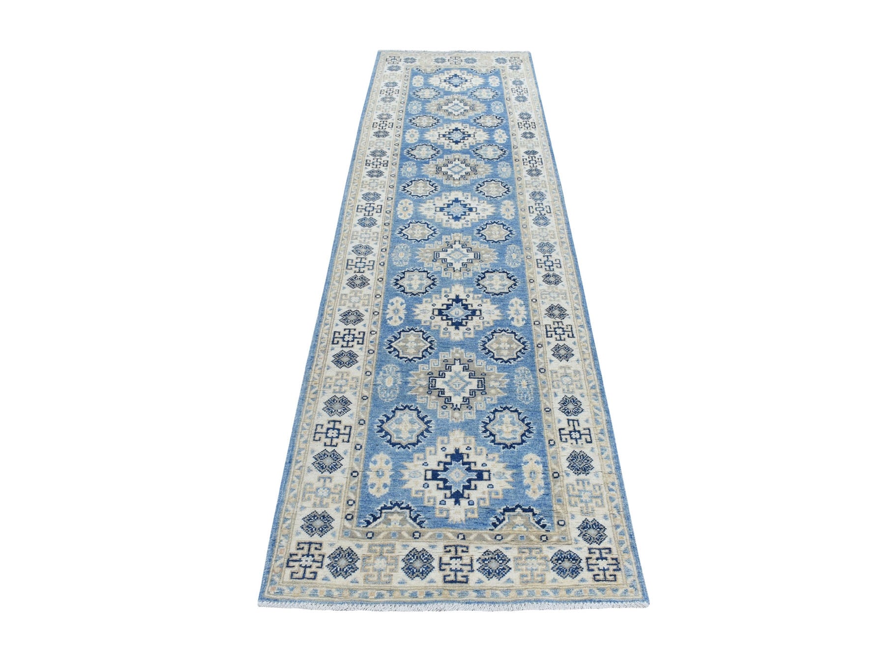 Kazak Kazak hand-knotted wool runner in Blue & Ivory, 2'8" x 9'6" — SKU O054622