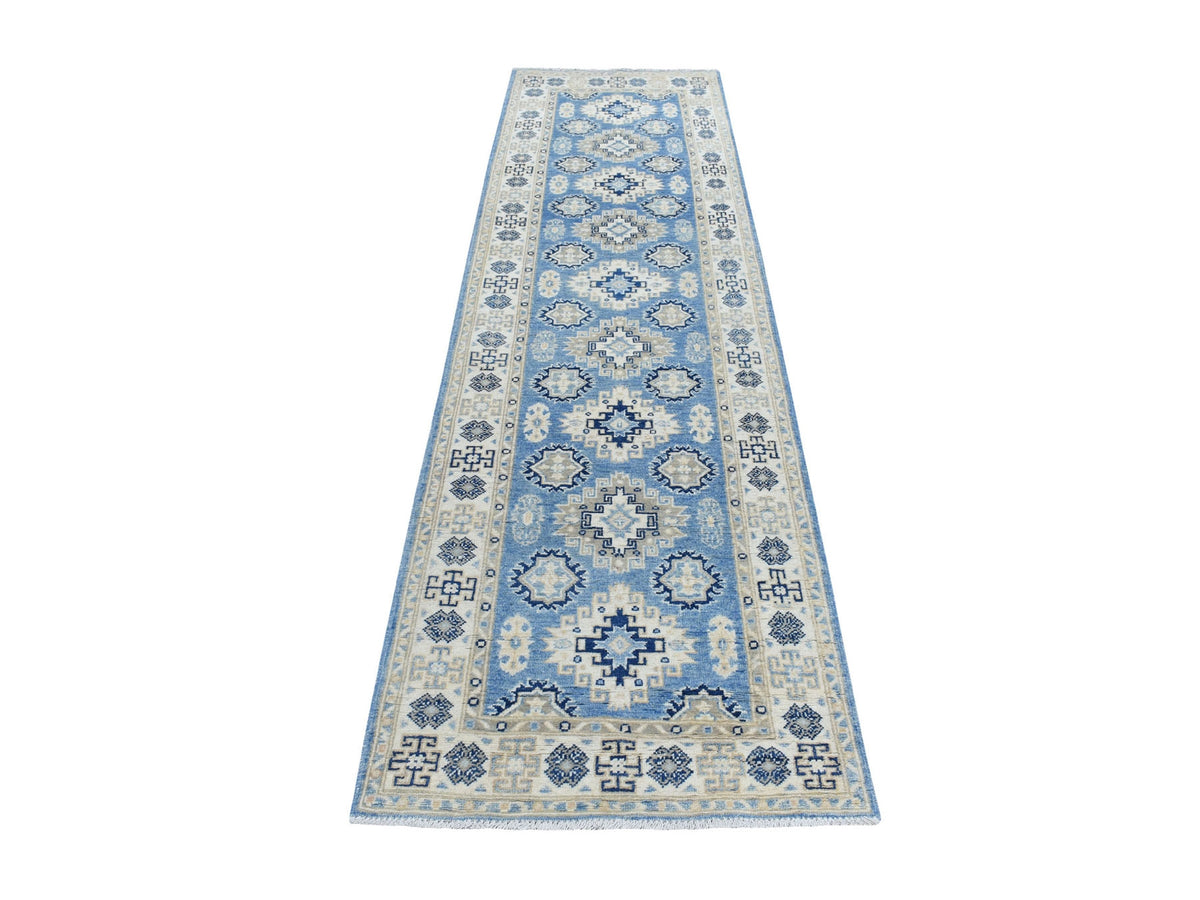 Kazak Kazak hand-knotted wool runner in Blue & Ivory, 2'8" x 9'6" — SKU O054622