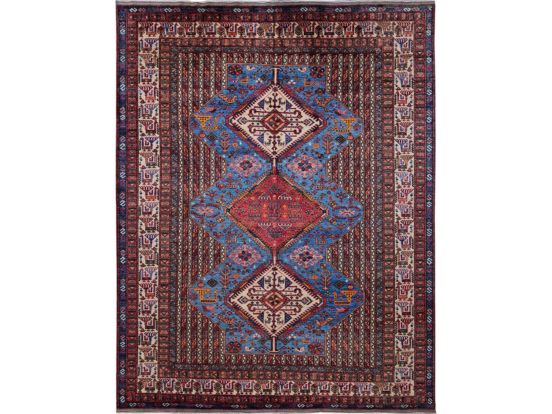 Ersari Kazak hand-knotted wool rug in Blue & Ivory, 9'5" x 12'1" — SKU O0547
