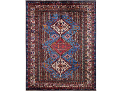 Ersari Kazak hand-knotted wool rug in Blue & Ivory, 9'5" x 12'1" — SKU O0547