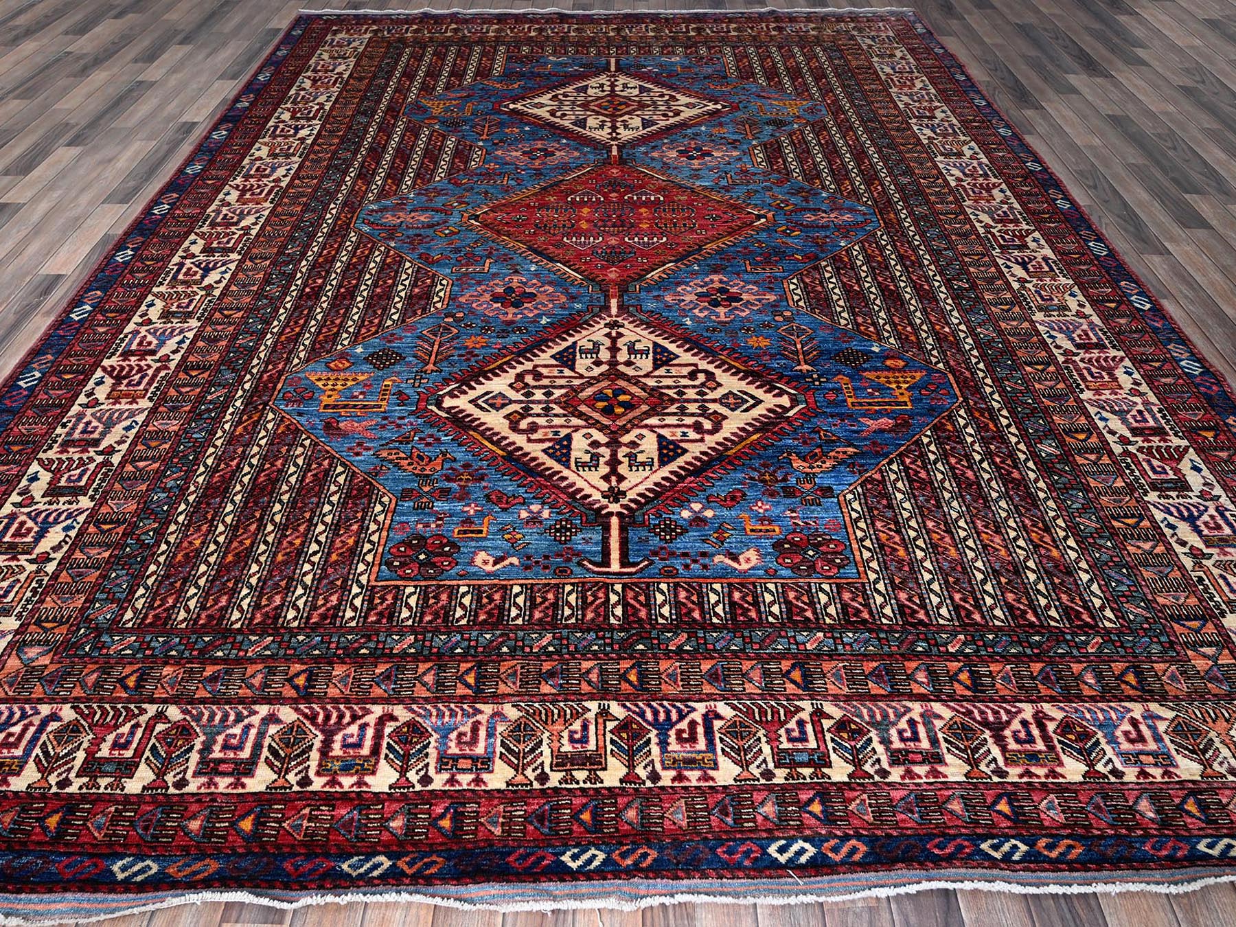 Ersari Kazak hand-knotted wool rug in Blue & Ivory, 9'5" x 12'1" — SKU O0547 (view 2)