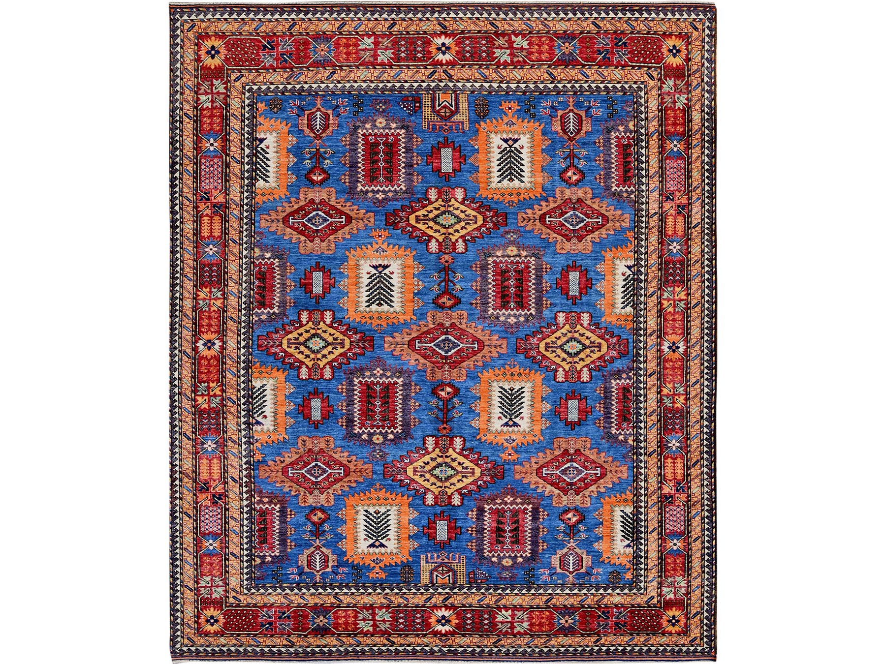 Ersari Kazak hand-knotted wool rug in Blue & Red, 8'2" x 9'9" — SKU O0549