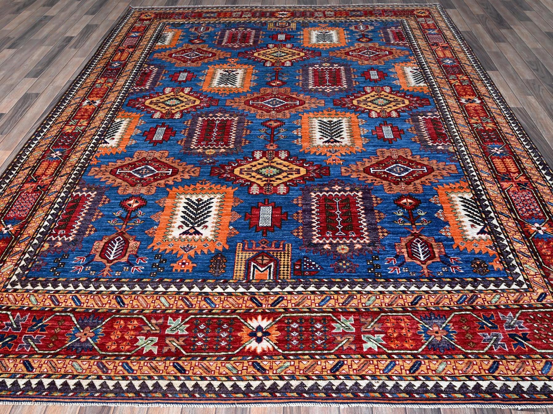 Ersari Kazak hand-knotted wool rug in Blue & Red, 8'2" x 9'9" — SKU O0549 (view 2)