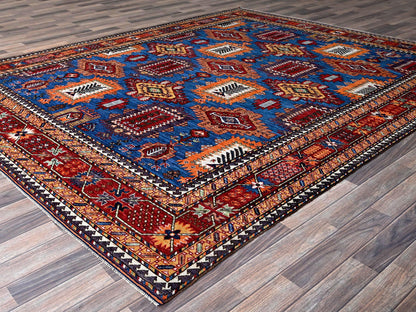 Ersari Kazak hand-knotted wool rug in Blue & Red, 8'2" x 9'9" — SKU O0549 (view 3)
