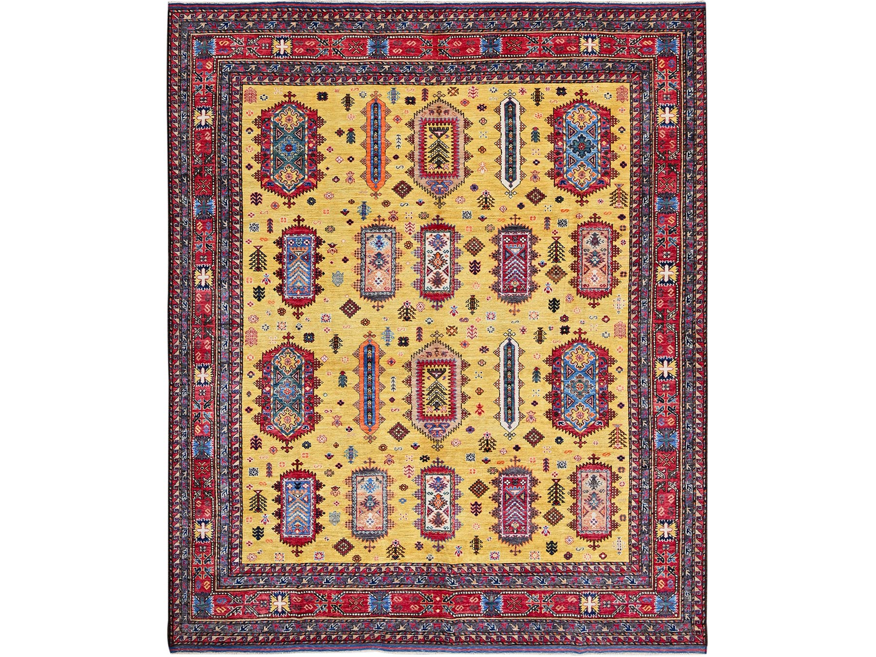 Ersari Kazak hand-knotted wool rug in Yellow & Red, 8'3" x 9'8" — SKU O0551