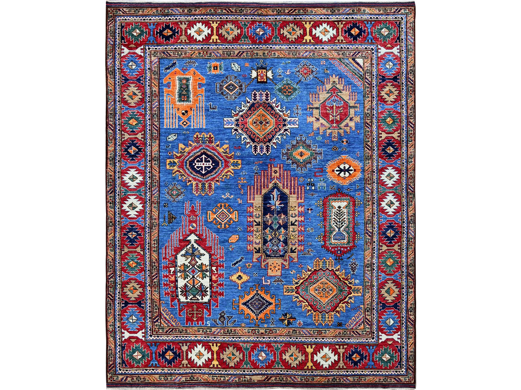 Ersari Kazak hand-knotted wool rug in Blue & Red, 8'1" x 9'10" — SKU O0552