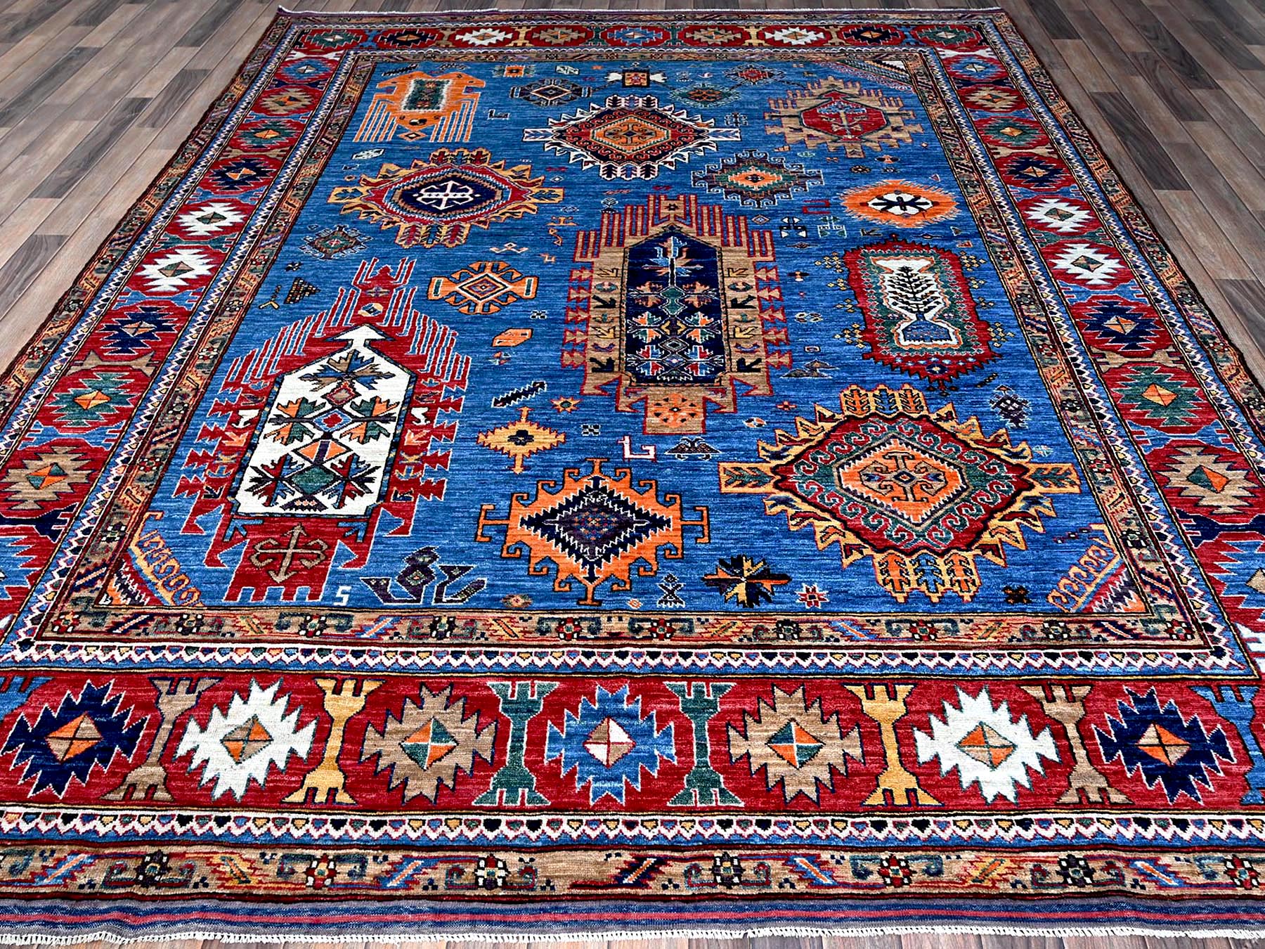 Ersari Kazak hand-knotted wool rug in Blue & Red, 8'1" x 9'10" — SKU O0552 (view 2)