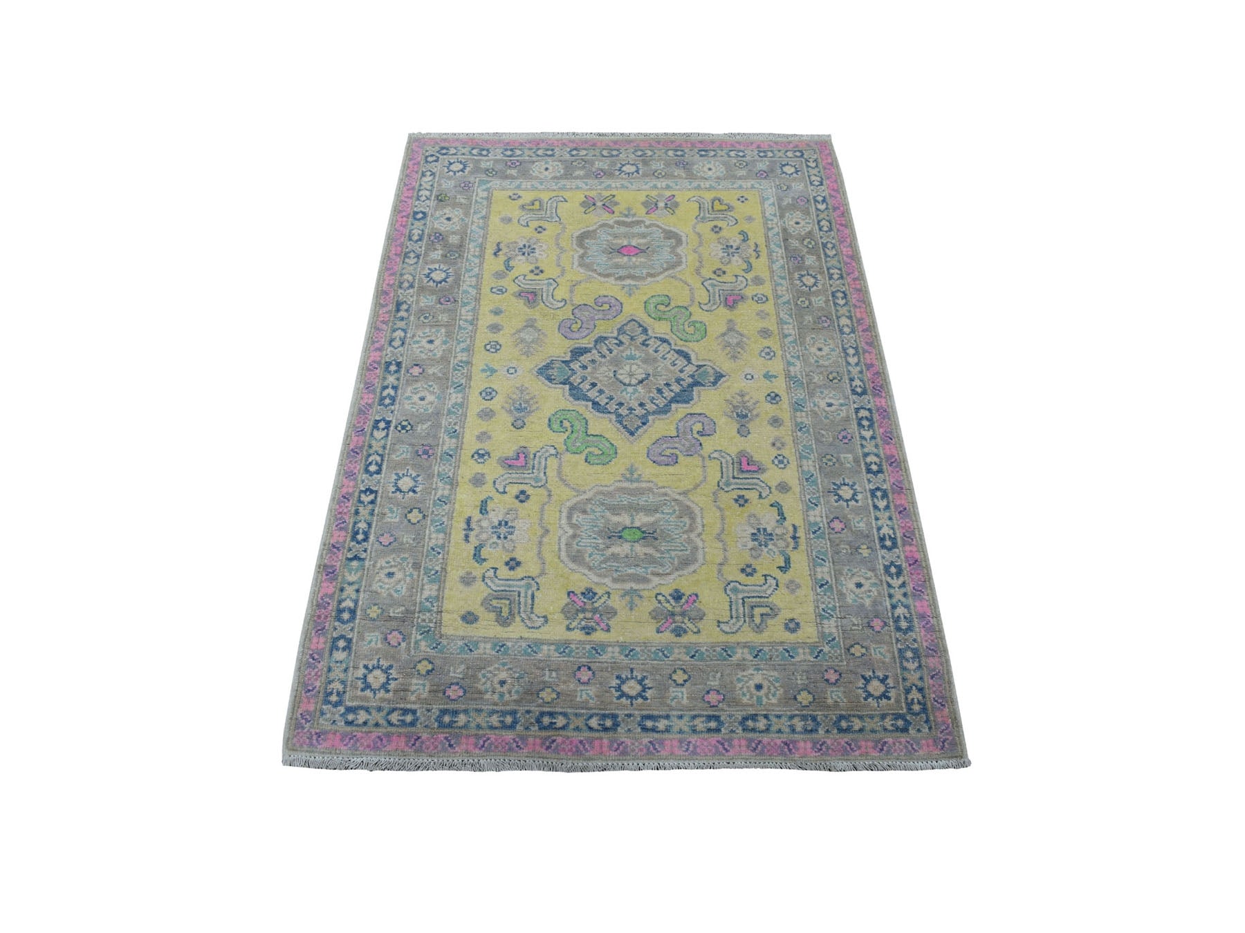 Kazak Kazak hand-knotted wool rug in Yellow & Gray, 3'3" x 4'8" — SKU O055407