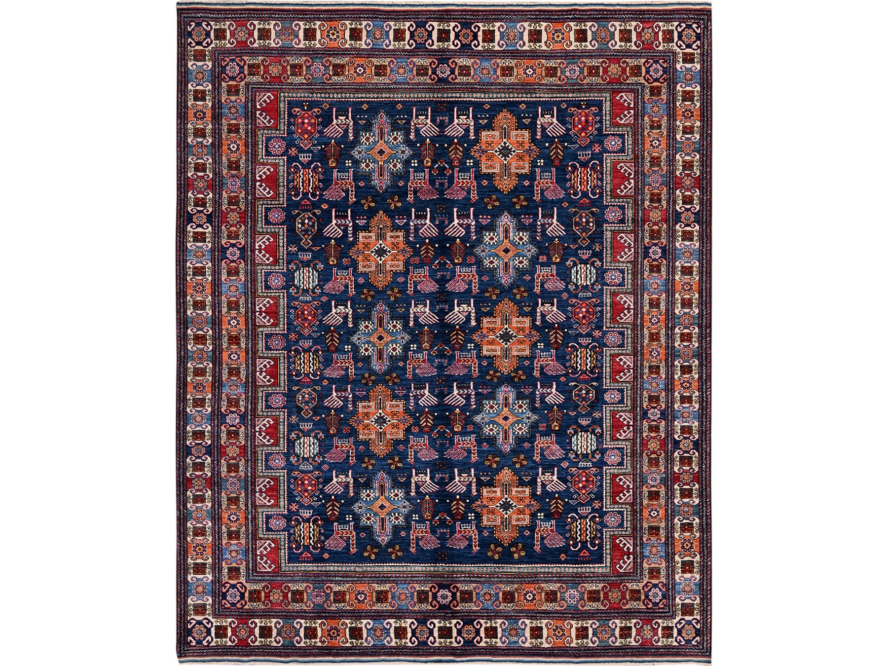 Ersari Kazak hand-knotted wool rug in Blue & Multicolor, 8'4" x 9'6" — SKU O0555