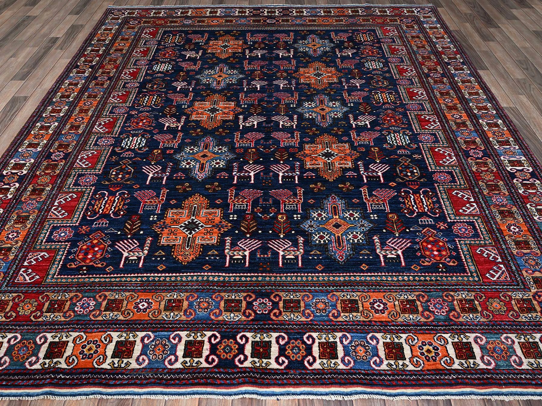 Ersari Kazak hand-knotted wool rug in Blue & Multicolor, 8'4" x 9'6" — SKU O0555 (view 2)
