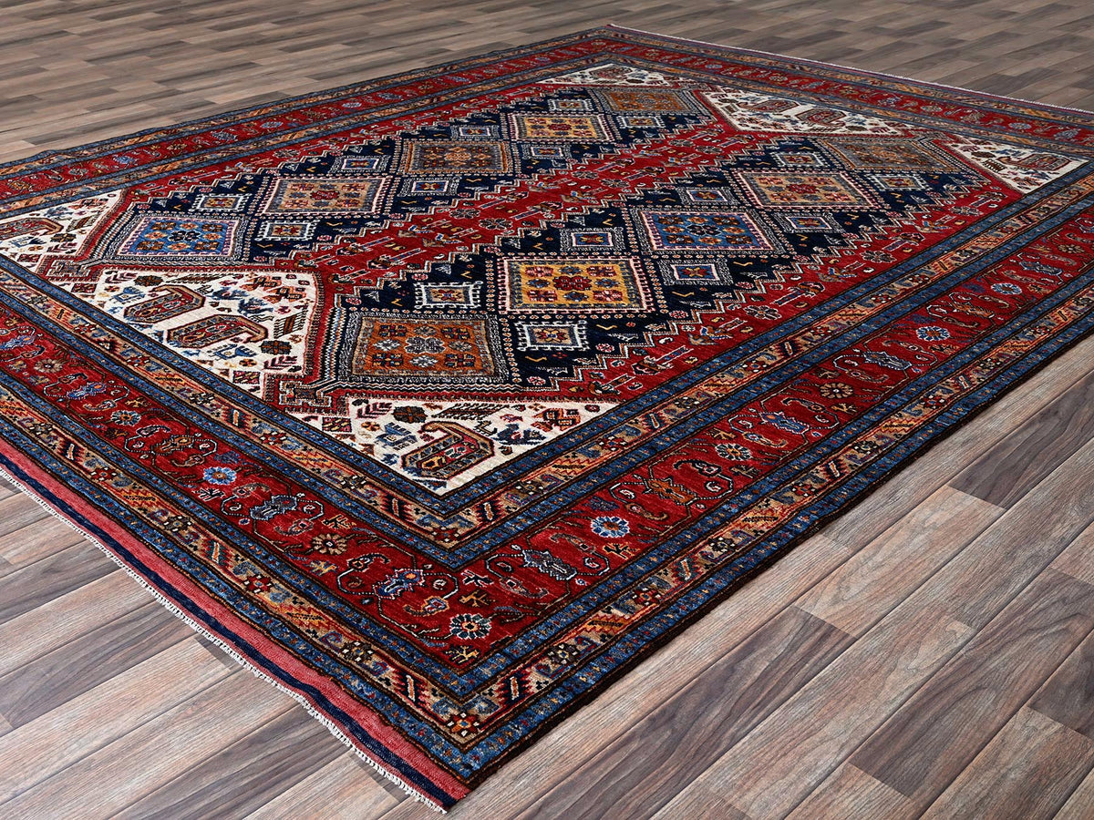 Ersari Kazak hand-knotted wool rug in Red, 8'3" x 9'11" — SKU O0556 (view 3)