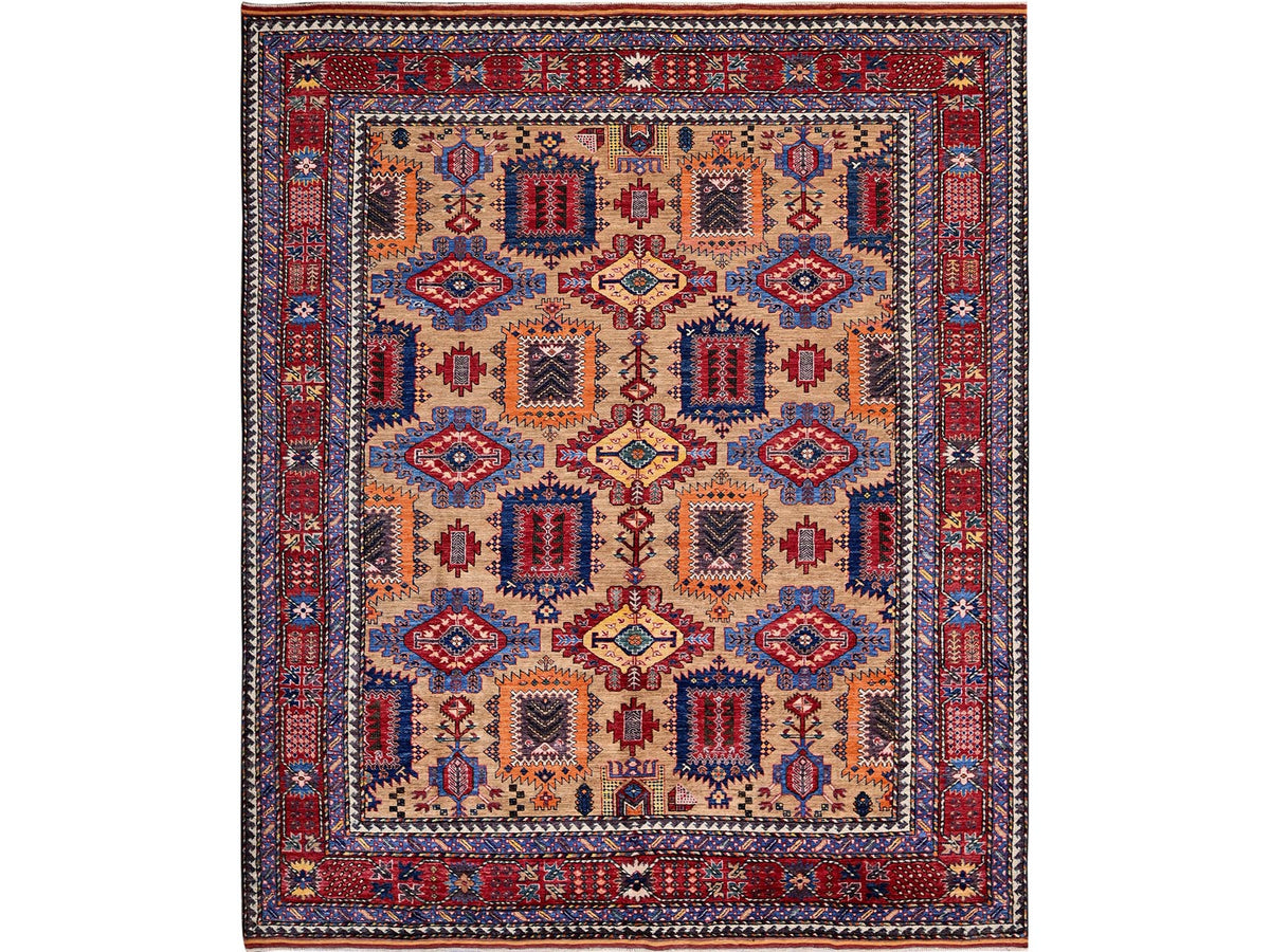 Ersari Kazak hand-knotted wool rug in Beige & Red, 8'3" x 9'9" — SKU O0557