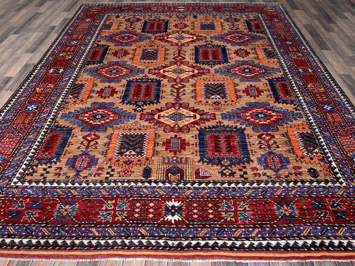 Ersari Kazak hand-knotted wool rug in Beige & Red, 8'3" x 9'9" — SKU O0557 (view 2)
