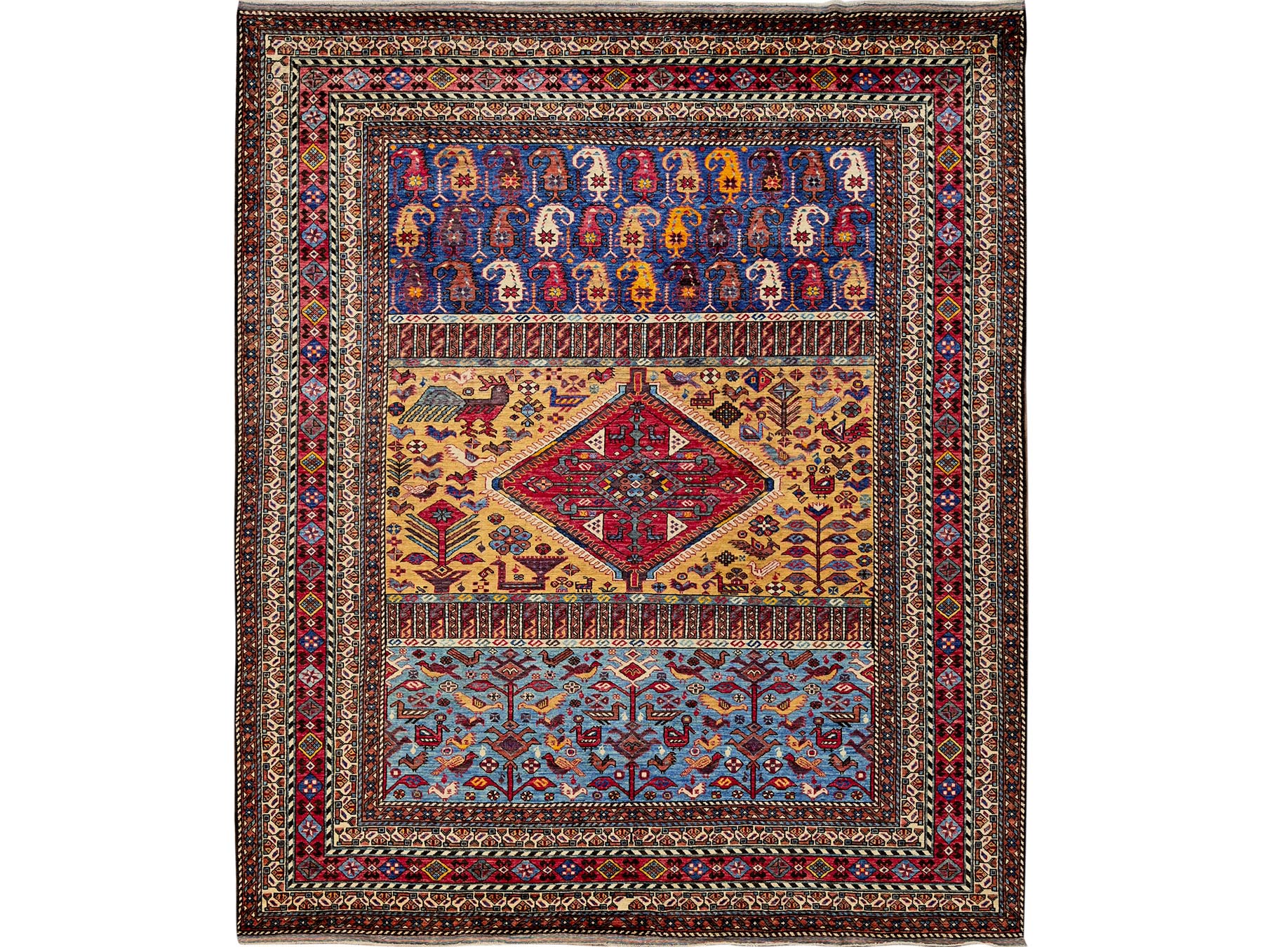 Ersari Kazak hand-knotted wool rug in Yellow & Red, 8'7" x 9'11" — SKU O0558