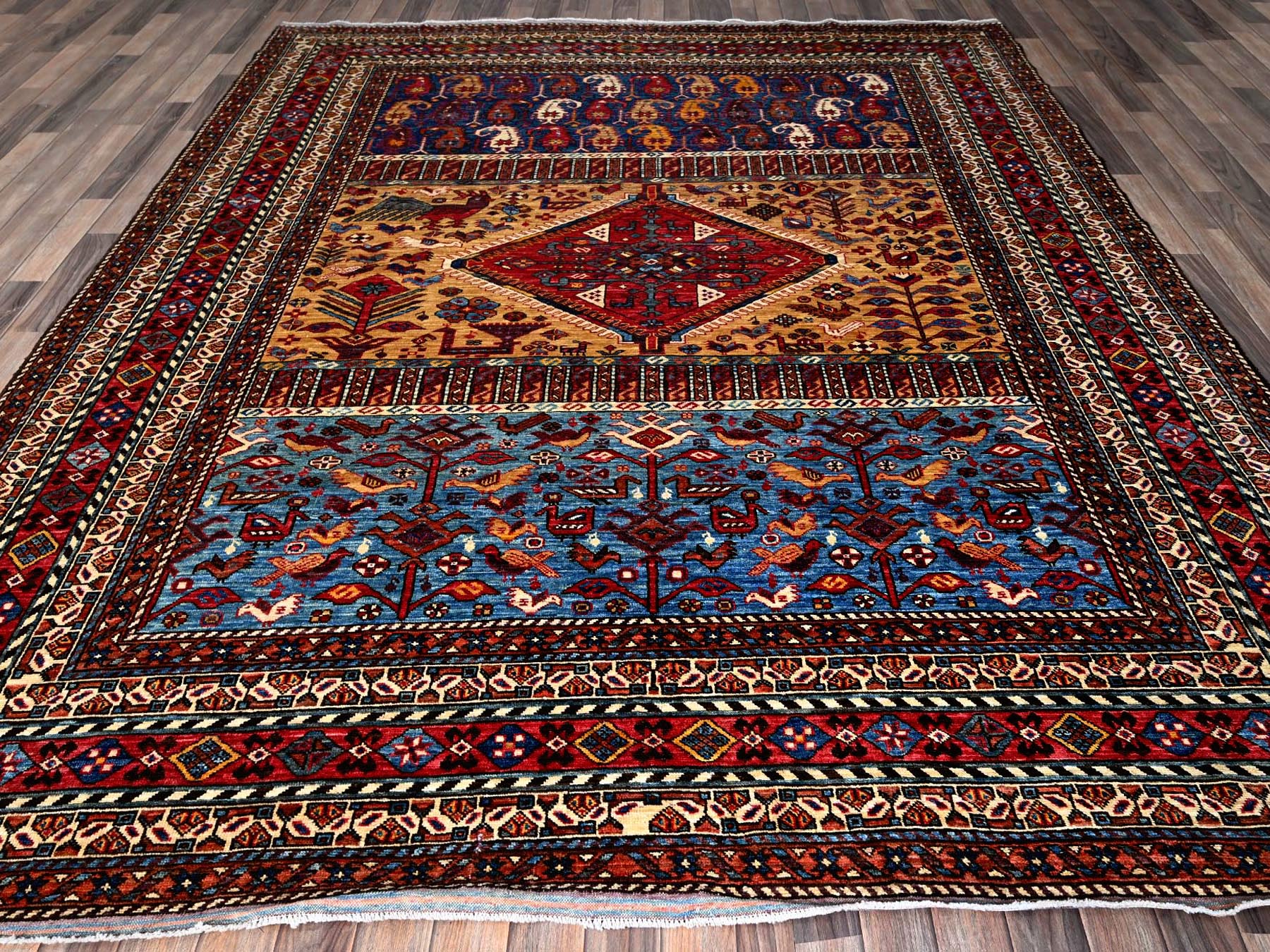 Ersari Kazak hand-knotted wool rug in Yellow & Red, 8'7" x 9'11" — SKU O0558 (view 2)