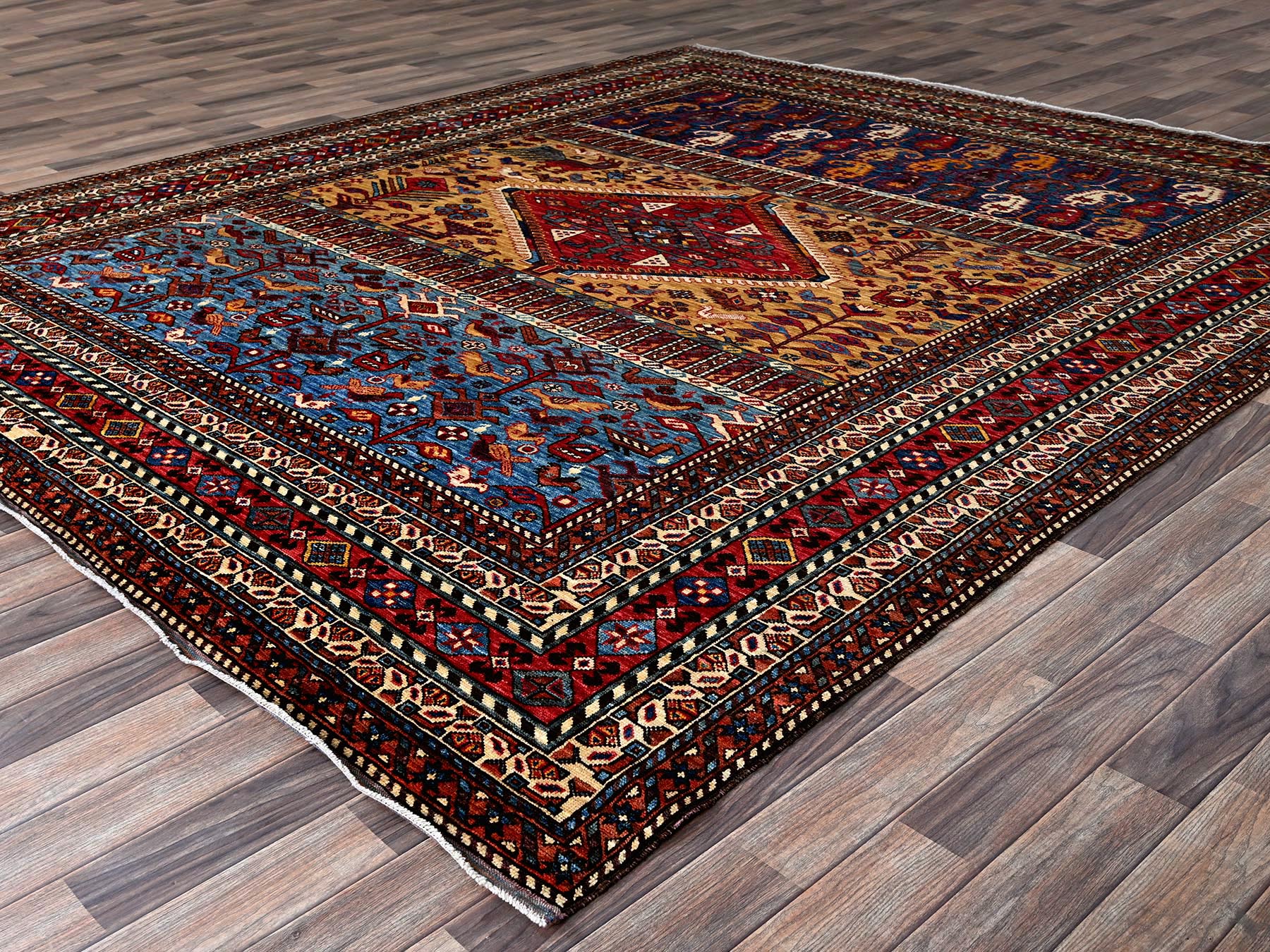 Ersari Kazak hand-knotted wool rug in Yellow & Red, 8'7" x 9'11" — SKU O0558 (view 3)