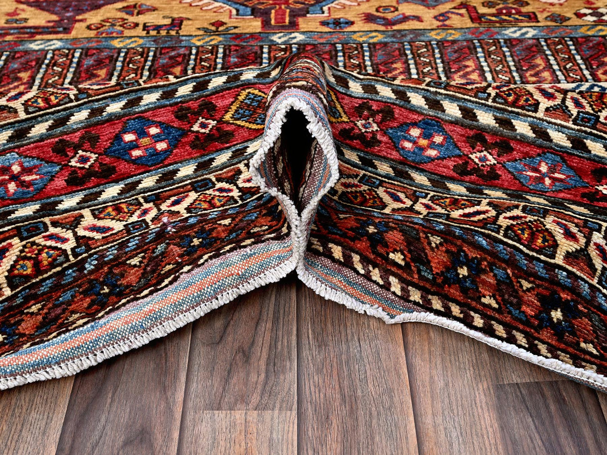 Ersari Kazak hand-knotted wool rug in Yellow & Red, 8'7" x 9'11" — SKU O0558 (view 5)