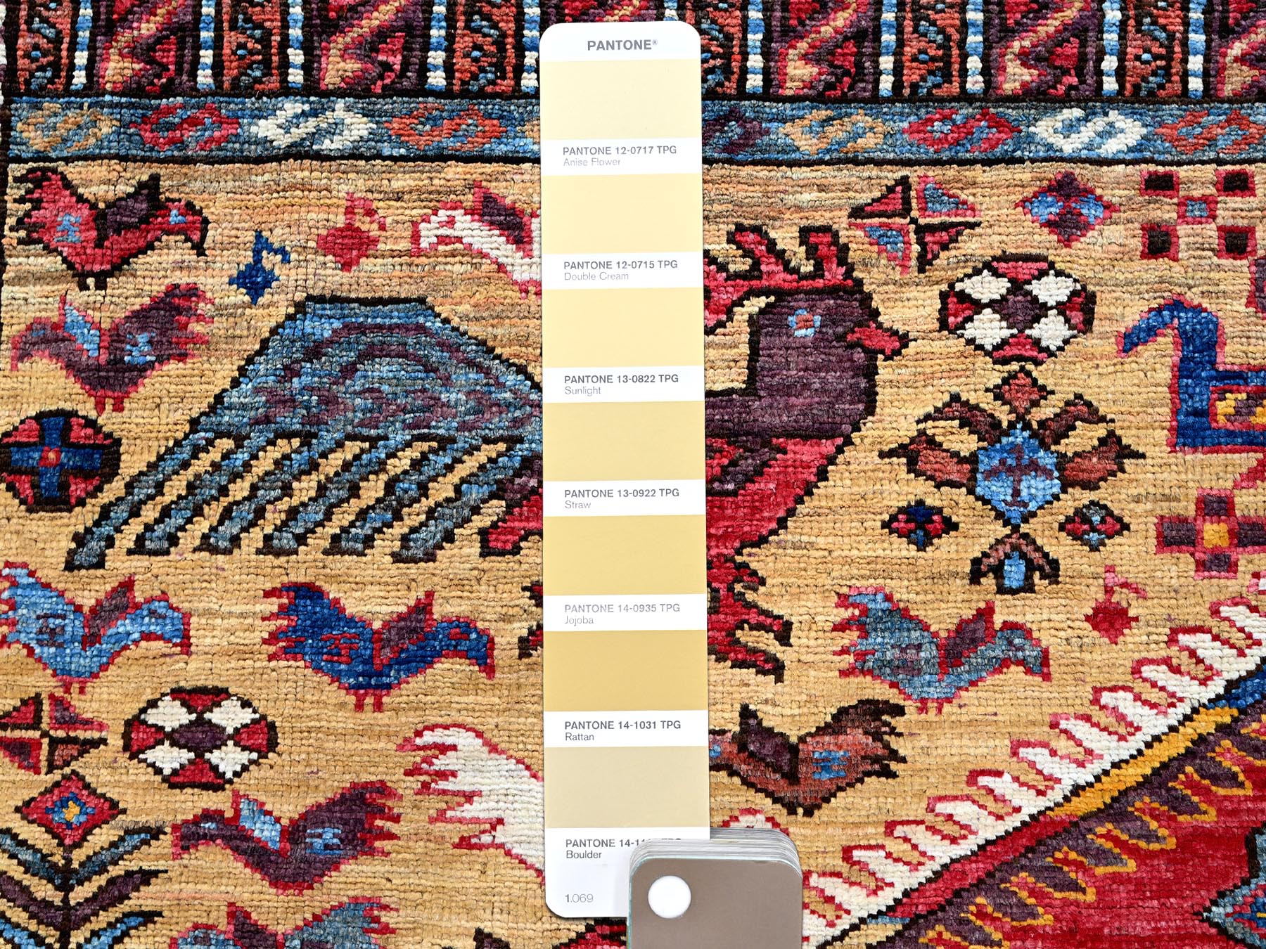 Ersari Kazak hand-knotted wool rug in Yellow & Red, 8'7" x 9'11" — SKU O0558 (view 7)